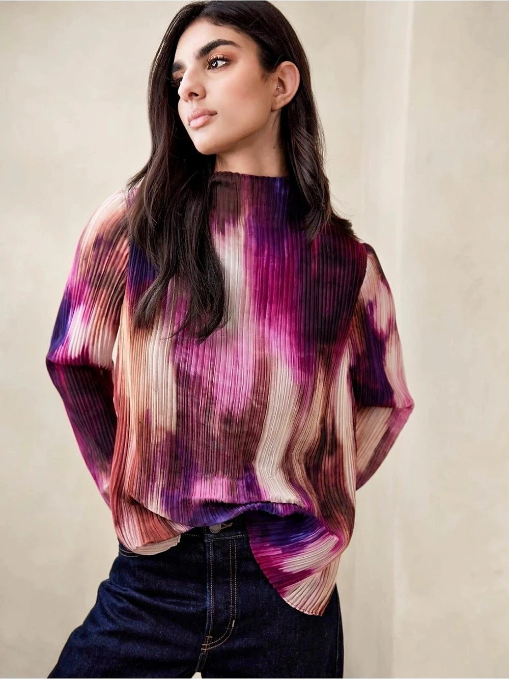 Banana Republic NEW WITH TAG Women's BLANCHE PLEATED TOP, PURPLE PRINT SIZE M